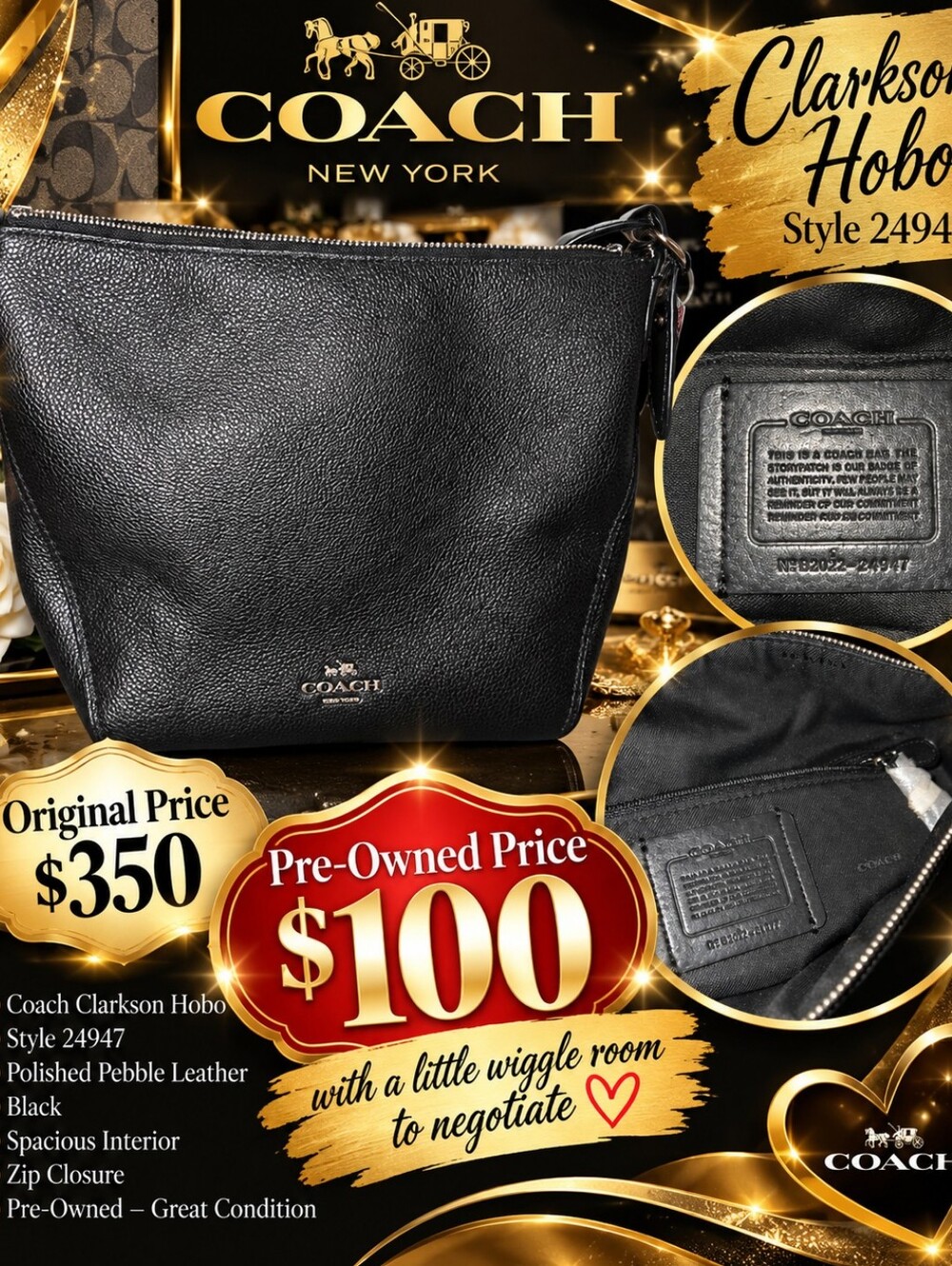 COACH Black Polished Pebble Leather Hobo Bag